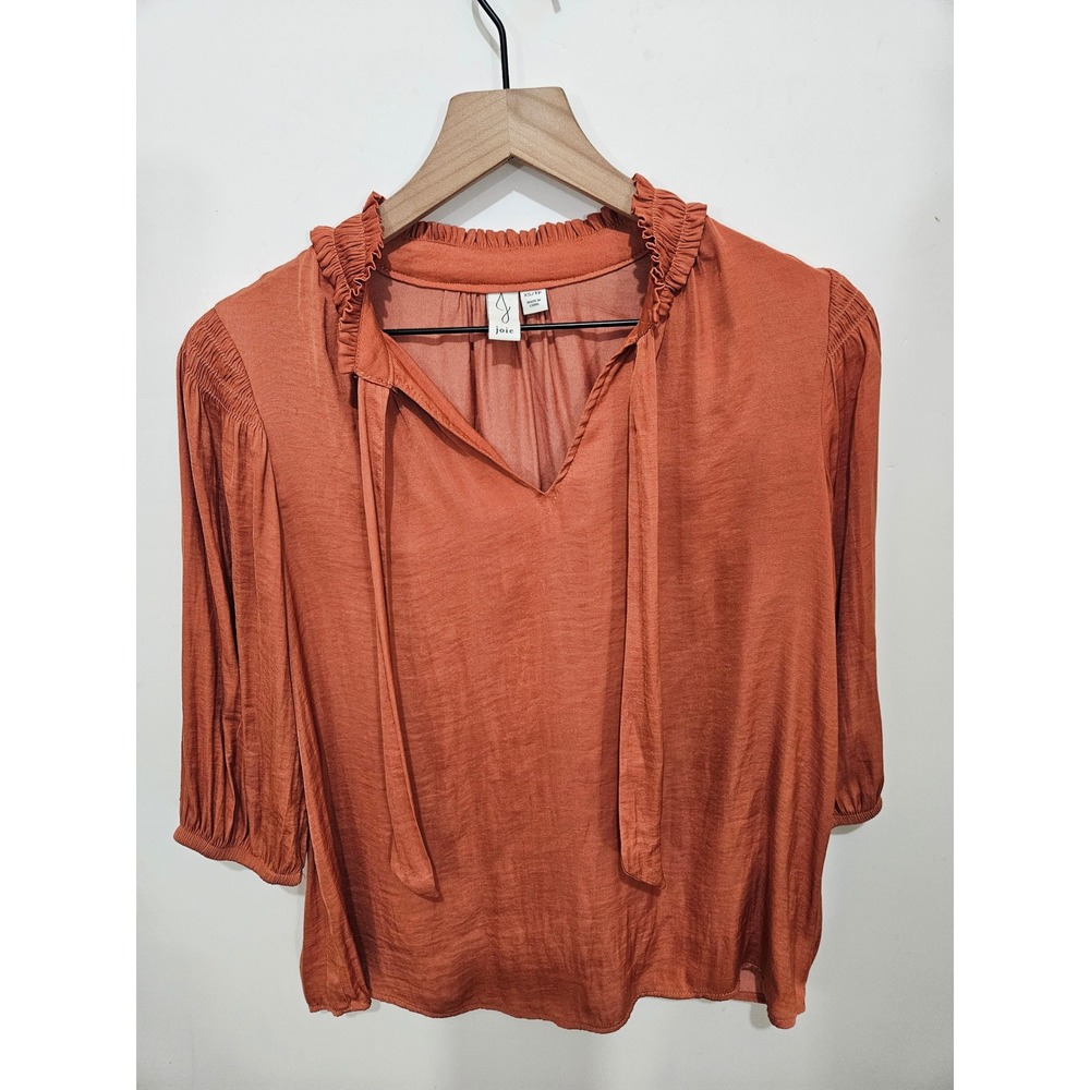 Joie Terracotta Orange Ruffle Neck Tie Blouse Smocked Shoulder Top XS